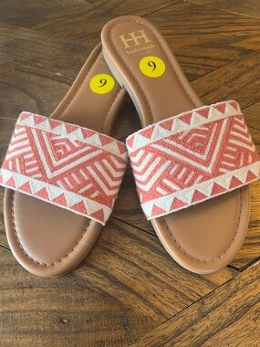 Haute Hippie Coral/White Embroidered Geometric Slide Sandals, Brown  Sole, sz 9